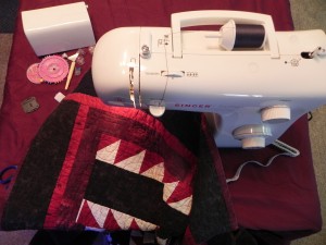 Sewing machine top view of quilting